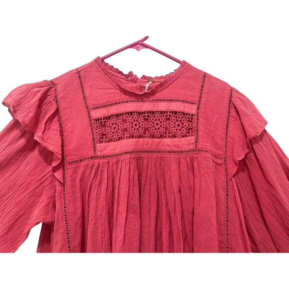 SOLD Free People Laura Prairie Peasant Top Sz Large Pink Eyelet Ruffle Ballon - Picture 6 of 14